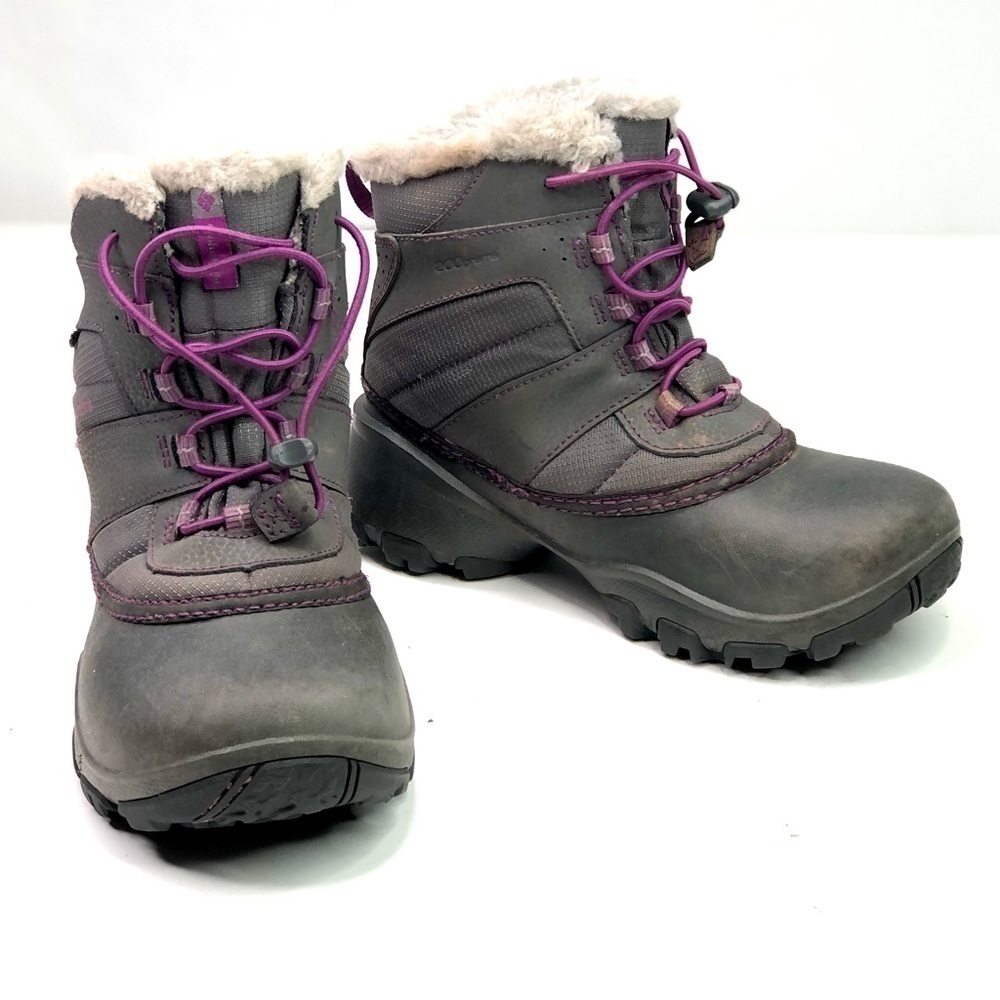 Columbia snow boots grey purple rubber leather nylon faux fur lined size 2
